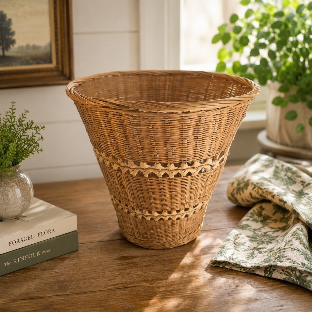 Vintage Rattan MCM Boho Wastepaper Basket Plant Holder Woven Geometric‎ Pattern